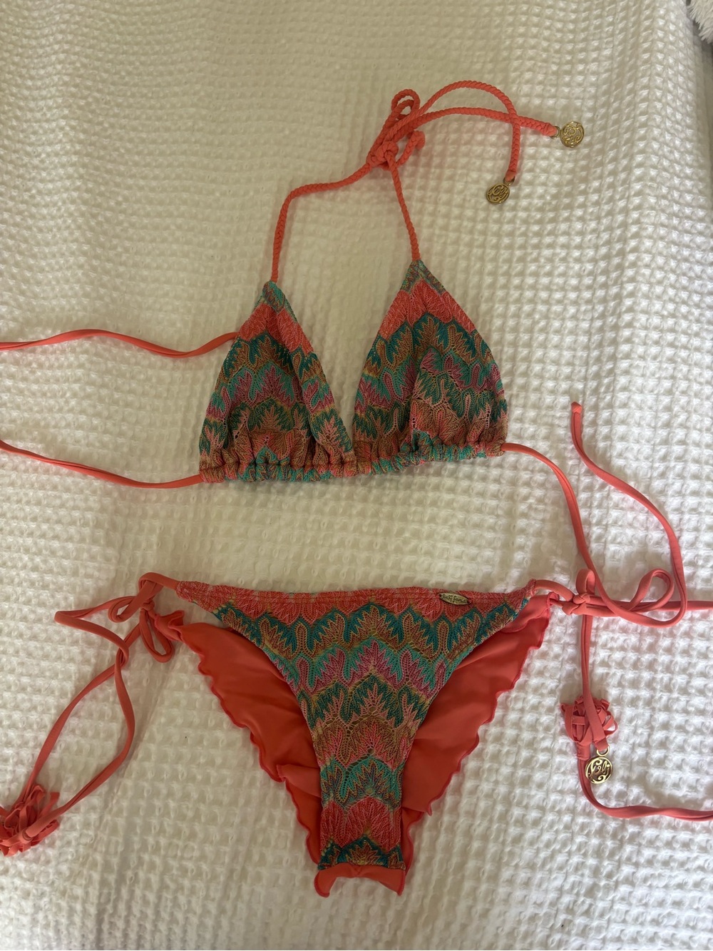 Luli Fama Coral Multi-Color Triangle Bikini Size small top with medium bottoms